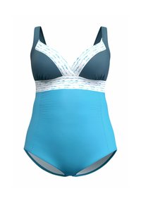 Maillot de bain en bleu canard et bleu foncé, avec un décolleté en V, des bretelles réglables et une bande texturée blanche autour de la taille.