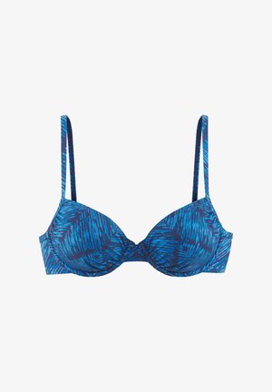 Sostén azul con estampado y aros, con finas tirantes ajustables y copas moldeadas, mostrado sobre fondo blanco.