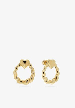 Gold-tone twisted hoop earrings with heart-shaped tops and post back closures, shown on a white background.
