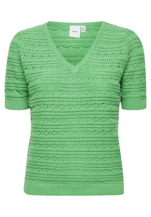 Kergelt roheline V-kaelusega, lühikeste varrukatega kampsun, mis on kudumisest valmistatud ja millel on horisontaalsed triibud ning tekstuuriga muster.