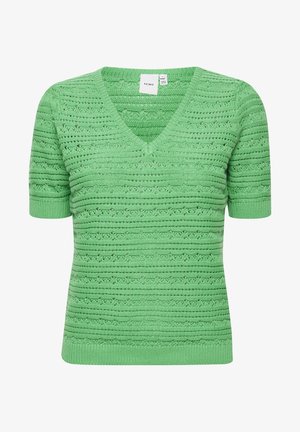 Sweter z dekoltem w serek i krótkim rękawem w jasnym zielonym kolorze, wykonany z dzianiny, z poziomymi paskami i teksturowanym wzorem na całej powierzchni.