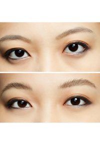 Gros plan sur deux paires d'yeux : en haut, avec un eyeliner noir et des sourcils bien définis ; en bas, avec des sourcils plus clairs et un maquillage minimal, mettant en avant les traits naturels.