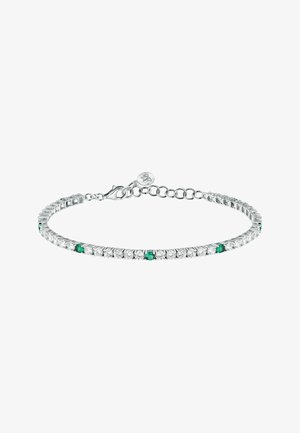 Bracelet en argent avec des pierres claires et vertes alternées, doté d'une chaîne délicate et d'un détail de fermoir pour un maintien sécurisé.