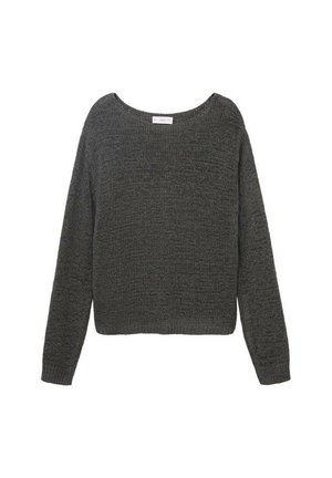Mørkegrå strikket sweater med lange ærmer, rund udskæring samt ribbede manchetter og kant, på hvid baggrund.