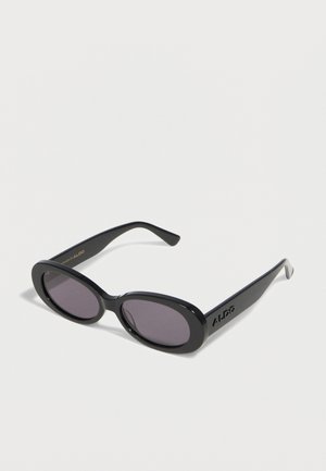 Schwarze ovale Sonnenbrille mit dunkel getönten Gläsern und ALDO-Logo an den Bügeln, dargestellt vor hellem Hintergrund.