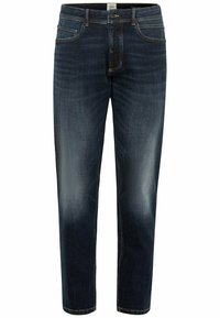 Mørkeblå denimjeans med et falmet udseende, der har en regular fit, fem lommer og kontrasterende syninger.