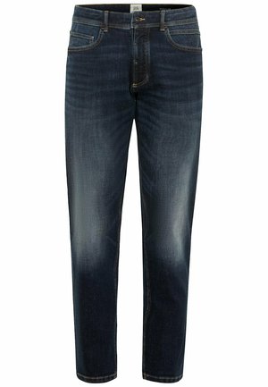 Dunkelblaue Jeans aus Denim mit einem verwaschenen Aussehen, mit regulärer Passform, fünf Taschen und kontrastierenden Nähten.