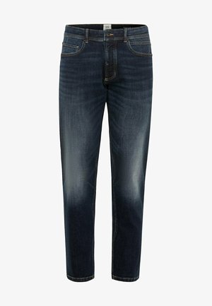 Dunkelblaue Jeans aus Denim mit einem verwaschenen Aussehen, mit regulärer Passform, fünf Taschen und kontrastierenden Nähten.