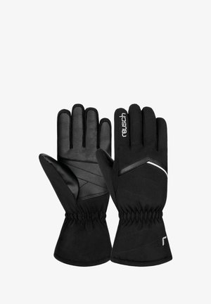 Black winter gloves made of soft fabric with leather accents, featuring a snug fit, elastic cuff, and diagonal stitching.