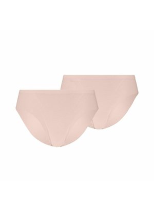 Two seamless beige women's briefs displayed side by side on a white background.