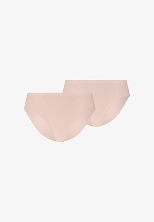 Two seamless beige women's briefs displayed side by side on a white background.