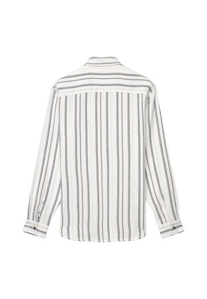 Langärmeliges Hemd mit vertikalen schwarz-weißen Streifen, gefertigt aus einem strukturierten Stoff. Mit Knopfmanschetten und Kragen. Rückansicht gezeigt.