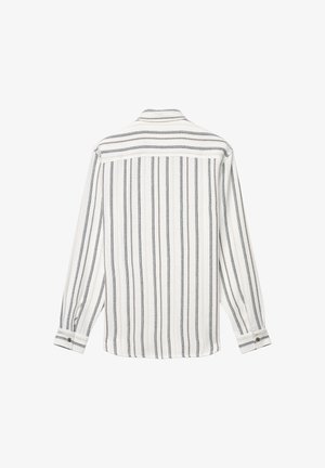 Langärmeliges Hemd mit vertikalen schwarz-weißen Streifen, gefertigt aus einem strukturierten Stoff. Mit Knopfmanschetten und Kragen. Rückansicht gezeigt.