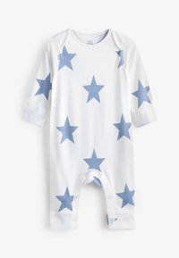 Romper bianco per neonati con grandi stelle azzurre, maniche lunghe e chiusure a scatto nella parte inferiore per un facile vestire. Tessuto in cotone morbido.