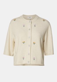 Strickjacke in Creme mit kurzen Ärmeln, mit floraler Stickerei in Pastellfarben und fünf Knöpfen auf der Vorderseite. Geschmeidige Textur, entspannte Passform.