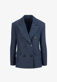 Blazer cruzado en tejido azul oscuro con acabado texturizado, con grandes botones negros y dos bolsillos frontales. Solapas con muesca presentes.