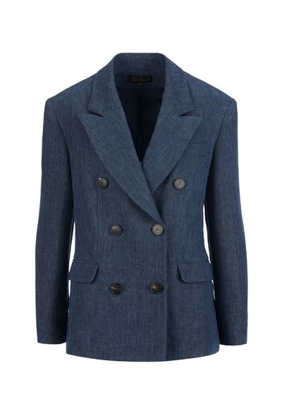Double-breasted blazer in dark blue fabric with a textured finish, featuring large black buttons and two front pockets. Notched lapels present.
