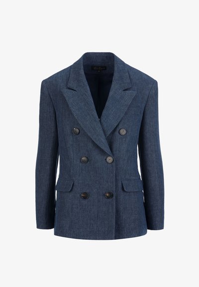 Double-breasted blazer in dark blue fabric with a textured finish, featuring large black buttons and two front pockets. Notched lapels present.