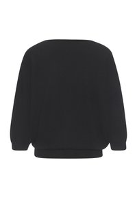 Schwarzer Pullover mit weitem Ausschnitt und langen, leicht gerafften Ärmeln. Weiche Textur mit geripptem Saum und Bündchen.