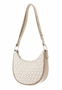 Borsa a spalla beige con una parte frontale a motivo triangolare testurizzato. Presenta un bordo in pelle liscia e una tracolla regolabile con accessori in metallo.