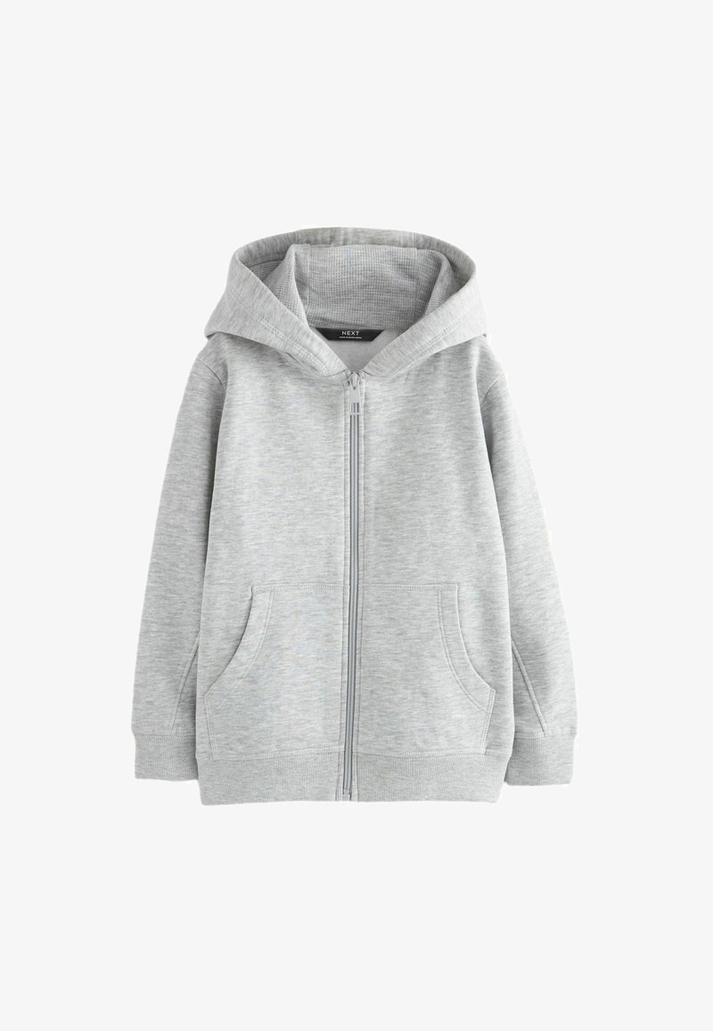 Light grey zip-up hoodie made of soft material, featuring a spacious hood, two front pockets, and ribbed cuffs and hem.