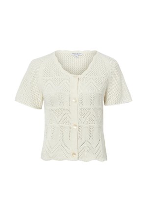 Crèmekleurige korte mouw gebreide cardigan met geschulpte halslijn, ingewikkelde kantpatronen en drie parelknopen aan de voorkant.