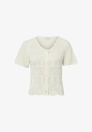 Crèmekleurige korte mouw gebreide cardigan met geschulpte halslijn, ingewikkelde kantpatronen en drie parelknopen aan de voorkant.
