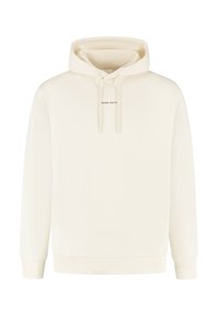 Off-white hoodie met een voorzak, verstelbare koorden, geribde manchetten en zoom, en kleine tekst "PURE PATH" gecentreerd op de borst.