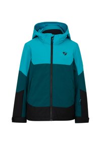 Kapuzenshirt mit einem Farbblockdesign in Türkis, Dunkeltürkis und Schwarz, mit frontaler Reißverschlussöffnung und seitlicher Reißverschlusstasche.