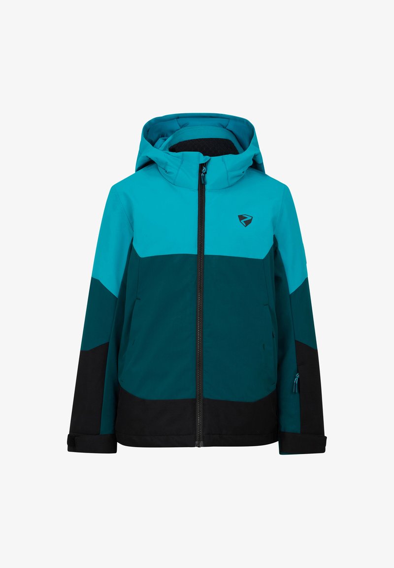 Kapuzenshirt mit einem Farbblockdesign in Türkis, Dunkeltürkis und Schwarz, mit frontaler Reißverschlussöffnung und seitlicher Reißverschlusstasche.