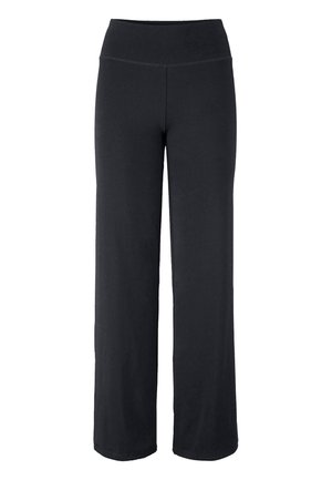 Schwarze, hochtaillierte Yoga-Hosen mit weitem Bein und ohne sichtbare Taschen oder Muster.