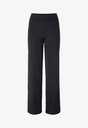Schwarze, hochtaillierte Yoga-Hosen mit weitem Bein und ohne sichtbare Taschen oder Muster.