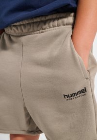 Beiga bomullsshorts med elastisk midja och sidofickor. Har en svart "hummel SPORTSWEAR" logotyp på vänster sida.