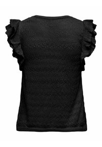 Top nero a maniche corte con maniche sfloccate e tessuto texturizzato con un leggero motivo geometrico. La vista dal retro mostra un orlo liscio.