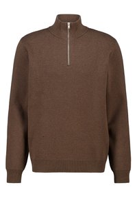 Brown pullover sweater with a high neck, half-length zipper, ribbed cuffs, and bottom hem. Soft knit fabric with a smooth texture.