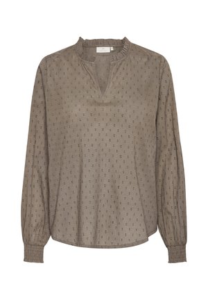 Blouse marron à manches longues avec un col à volants, un décolleté en V et un motif en points textur é. Poignets ajustés avec bande élastique. Tissu doux.