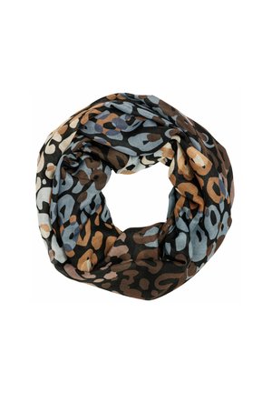 Rundschal aus leichtem Stoff mit einem mehrfarbigen Leopardenmuster in Beige, Braun und Blau auf schwarzem Hintergrund.