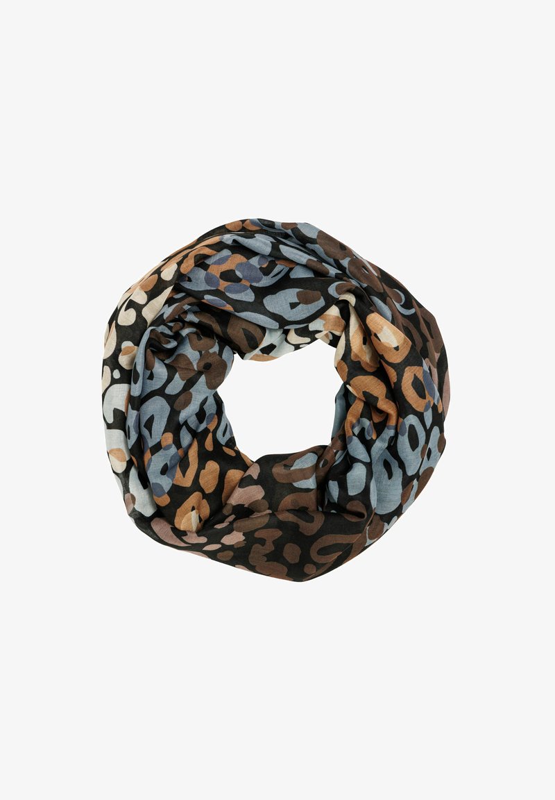 Circular scarf made of lightweight fabric featuring a multicolored leopard print in beige, brown, and blue on a black background.