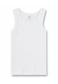 Top in cotone bianco senza maniche con scollatura rotonda, armholes sottili e una texture liscia. Nessun motivo o grafica. Etichetta sulla scollatura.