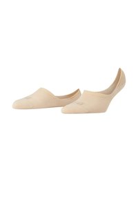Beige enkelhoge sokken met een gladde textuur, voorzien van een ribbelrand en een afgeronde teen. Merknaam weergegeven op de bovenrand.