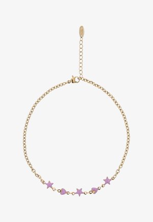 Guld kæde halskæde med vekslende små lilla stjerne- og hjerteformede vedhæng jævnt fordelt langs den nederste front.