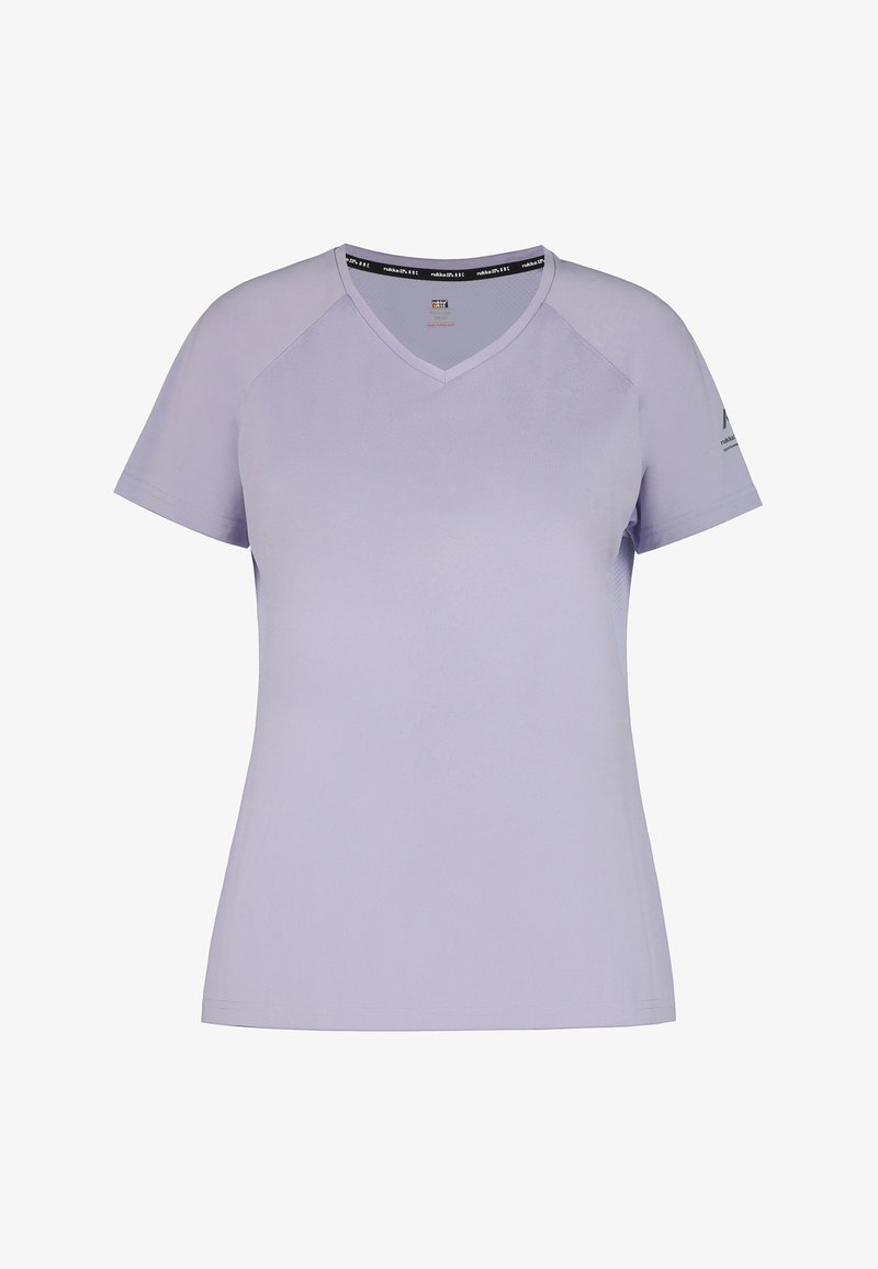 Chemise à col en V à manches courtes en lavande clair, fabriquée en tissu lisse. Présente des manches raglan et un col intérieur noir contrastant.