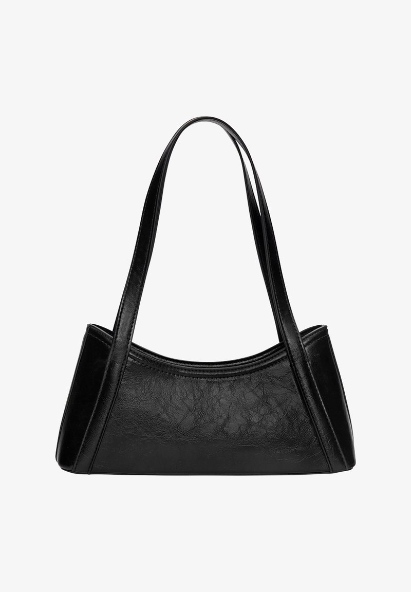 Sac à épaule en cuir noir avec deux longues bretelles et un bord supérieur légèrement incurvé sur fond blanc.