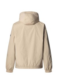 Beež kapuutsiga jakk, kerge materjal, elastsed mansetid ja serv, sile tekstuur, minimalistlik disain, nähtavad kinnitused ega mustrid puuduvad.