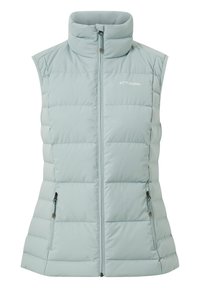 Lichtblauwe mouwloze pufferachtige vest met hoge kraag, rits aan de voorkant en zijzakken. De stof heeft een gladde textuur met gewatteerde vulling.