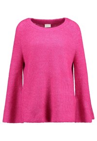 Pull tricot rose à coupe décontractée, encolure ronde et manches larges. Tissu texturé avec une apparence douce et légère.