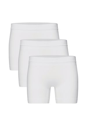 Bokserki męskie w kolorze białym, wykonane z gładkiej tkaniny. Posiadają szeroką elastyczną talię i dopasowany krój. Sprzedawane w opakowaniu po trzy sztuki.