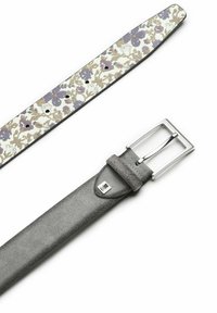Floral-patterned leather belt strap in white with purple and beige flowers, paired with a grey suede strap featuring a rectangular silver buckle.