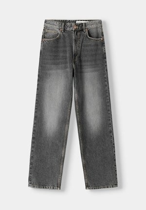 Wide-leg grey denim jeans featuring a faded wash, five-pocket design, and contrast stitching. Mid-rise waist with a classic button closure.