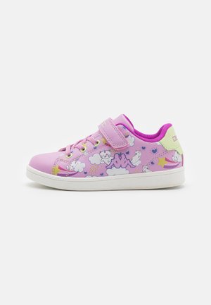 Pink synthetic shoe with velcro strap and laces. Features cartoon clouds, stars, and unicorn designs, with a white rubber sole.